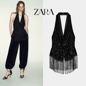 Zara Black Sequin Fringe Halter Top Sz S EUC